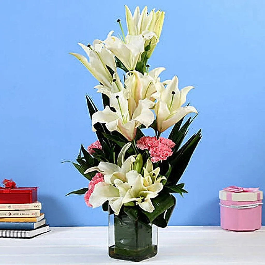 Lilies & Carnations in Glass Vase